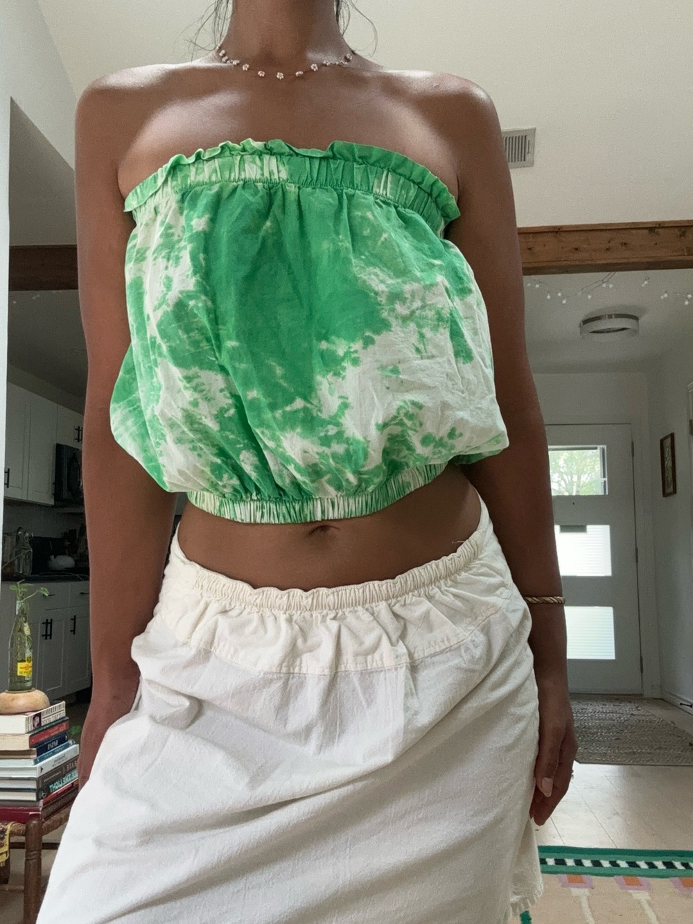 Green Tie-Dye Strapless Crop Top